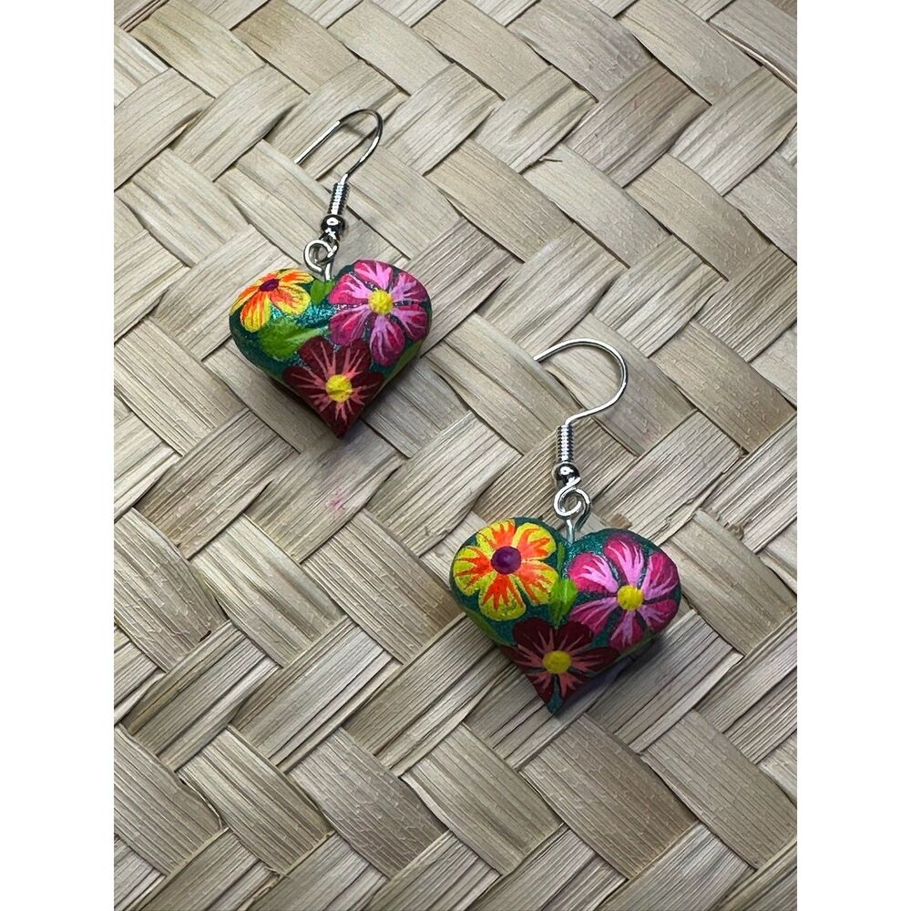 Green Pink Wood Heart Earrings Hand Painted Mexican Folk Art Oaxaca Floral